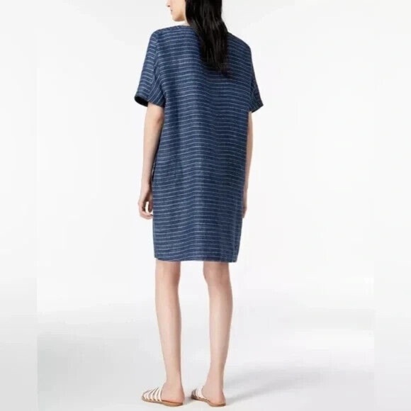 Eileen Fisher Organic Linen Scoop Neck Stripe Tunic Shift Dress Resortwear Sz PS - Picture 2 of 7
